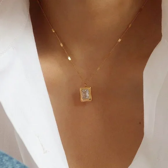 NEW 18K Gold Plated Radiant Cut Diamond Square Pendant Necklace